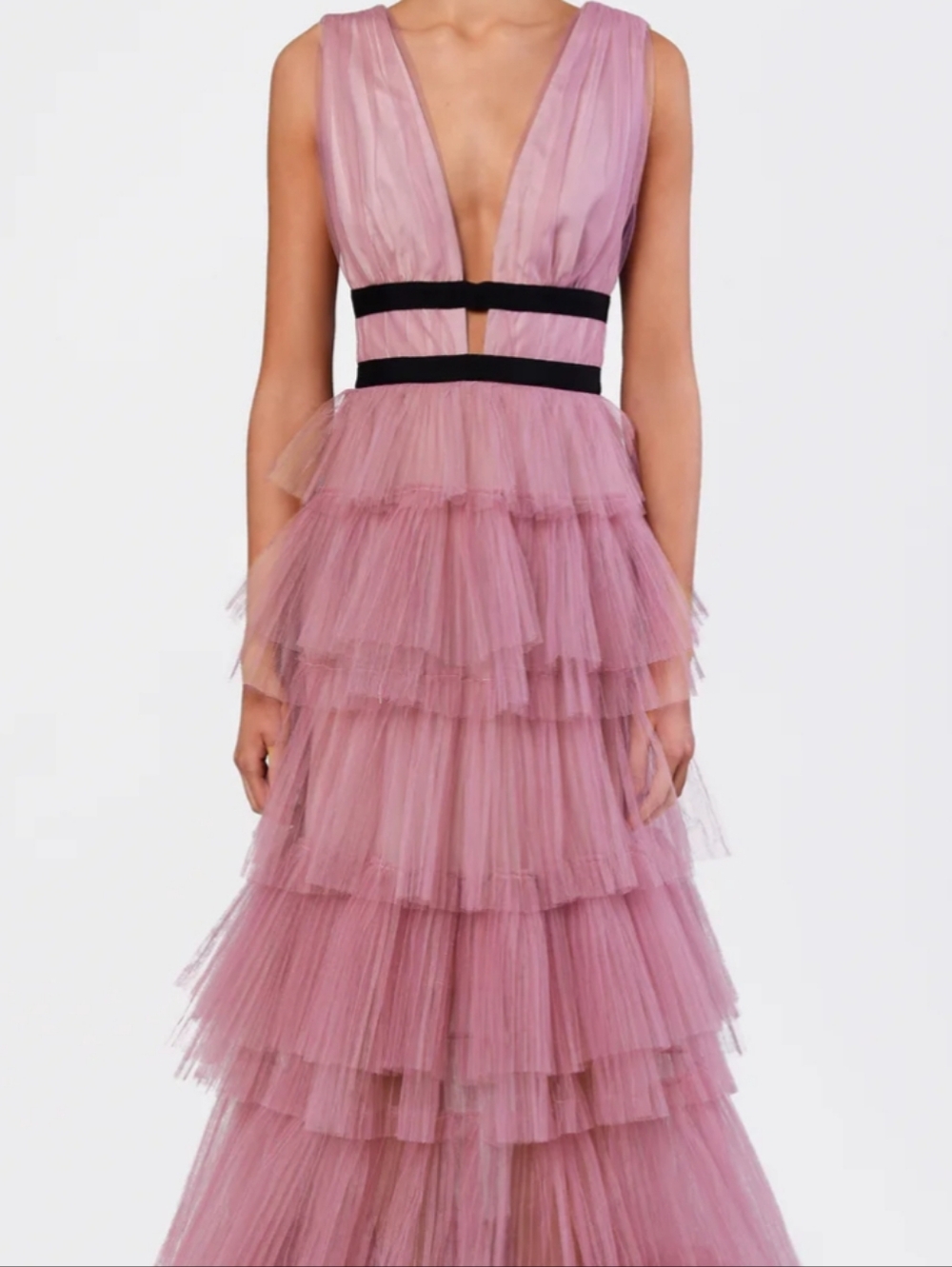 Plunging V-Neck Tiered Tulle Maxi Dress - Pink